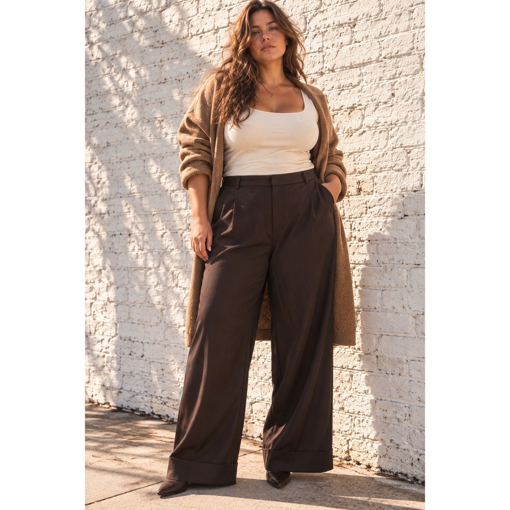 Nine West Brown Viscose Blend Cyndi Wide Leg Cuffed Trousers 16 NWT